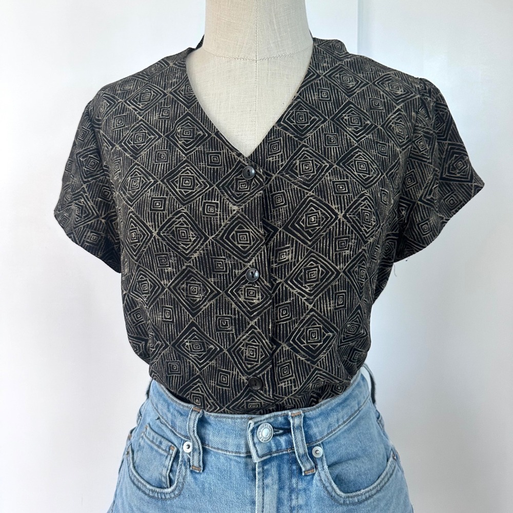 Jones New York‎ Petite 100% Silk Geometric Diamond Batik Blouse 8P small xs
